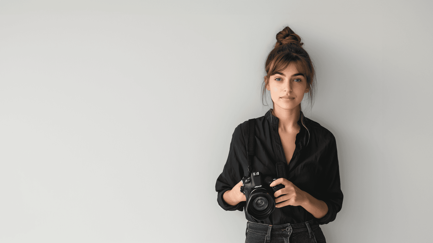 Nina Kovac holding a camera against a grey wall