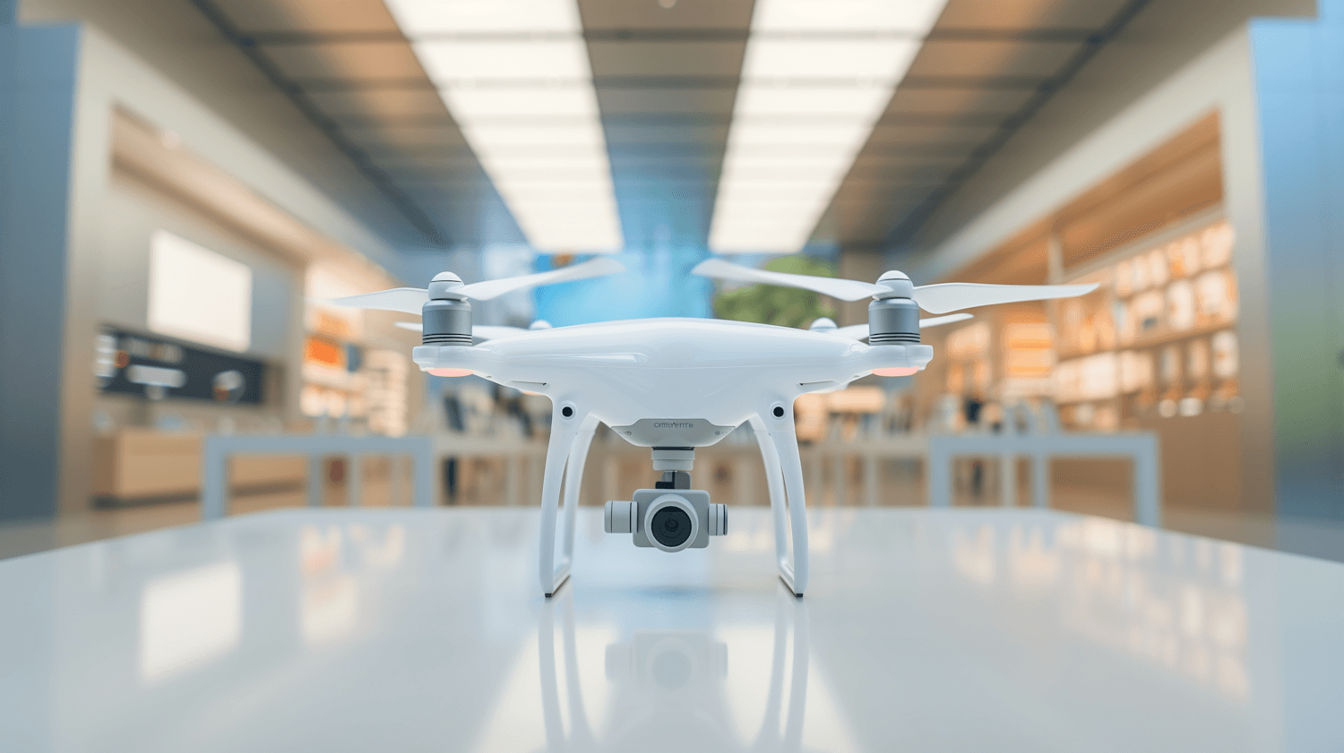 White camera drone on display in a bright retail store