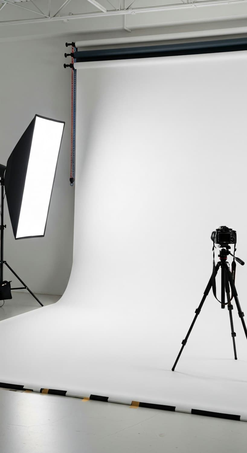 Photo studio with a white backdrop, a softbox light and a camera on a tripod